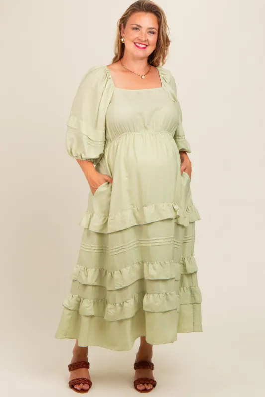 Mint Green Square Neck Ruffle Tiered Maternity Plus Maxi Dress sold by Pinkblush