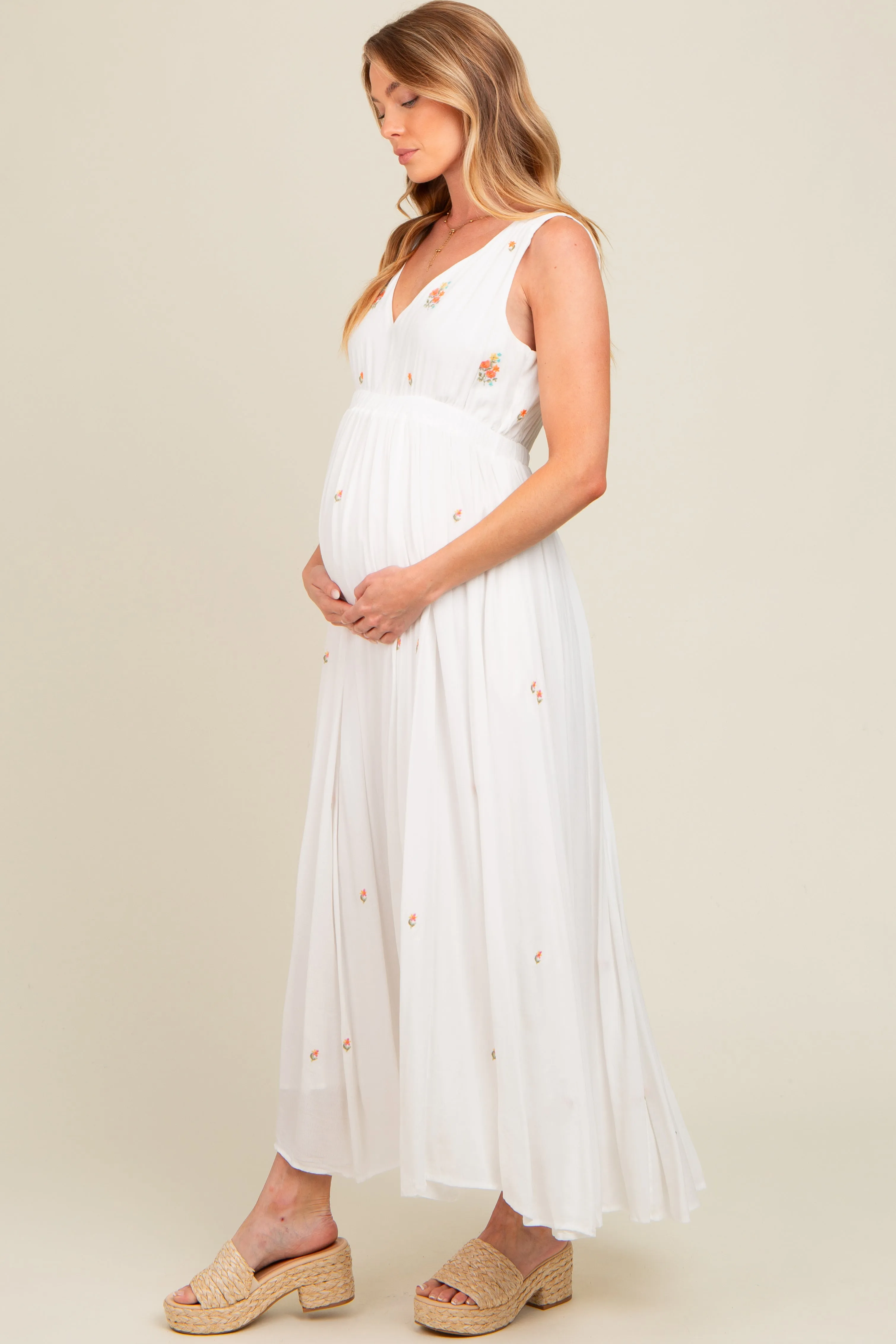 White Floral Embroidered Sleeveless Maternity Maxi Dress sold by Pinkblush product image thumbnail 3