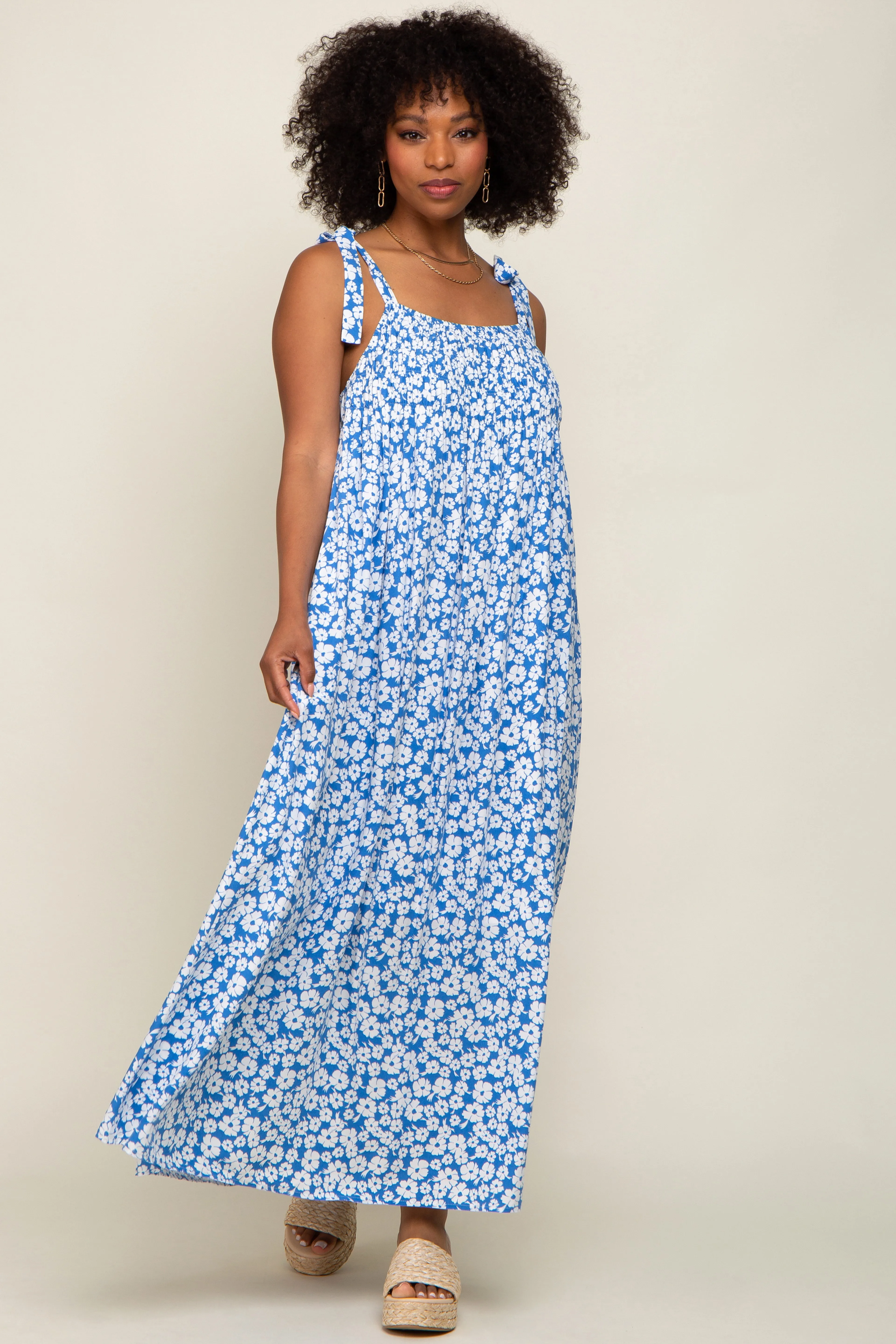 Light Blue Floral Smocked Shoulder Tie Maxi Dress sold by Pinkblush