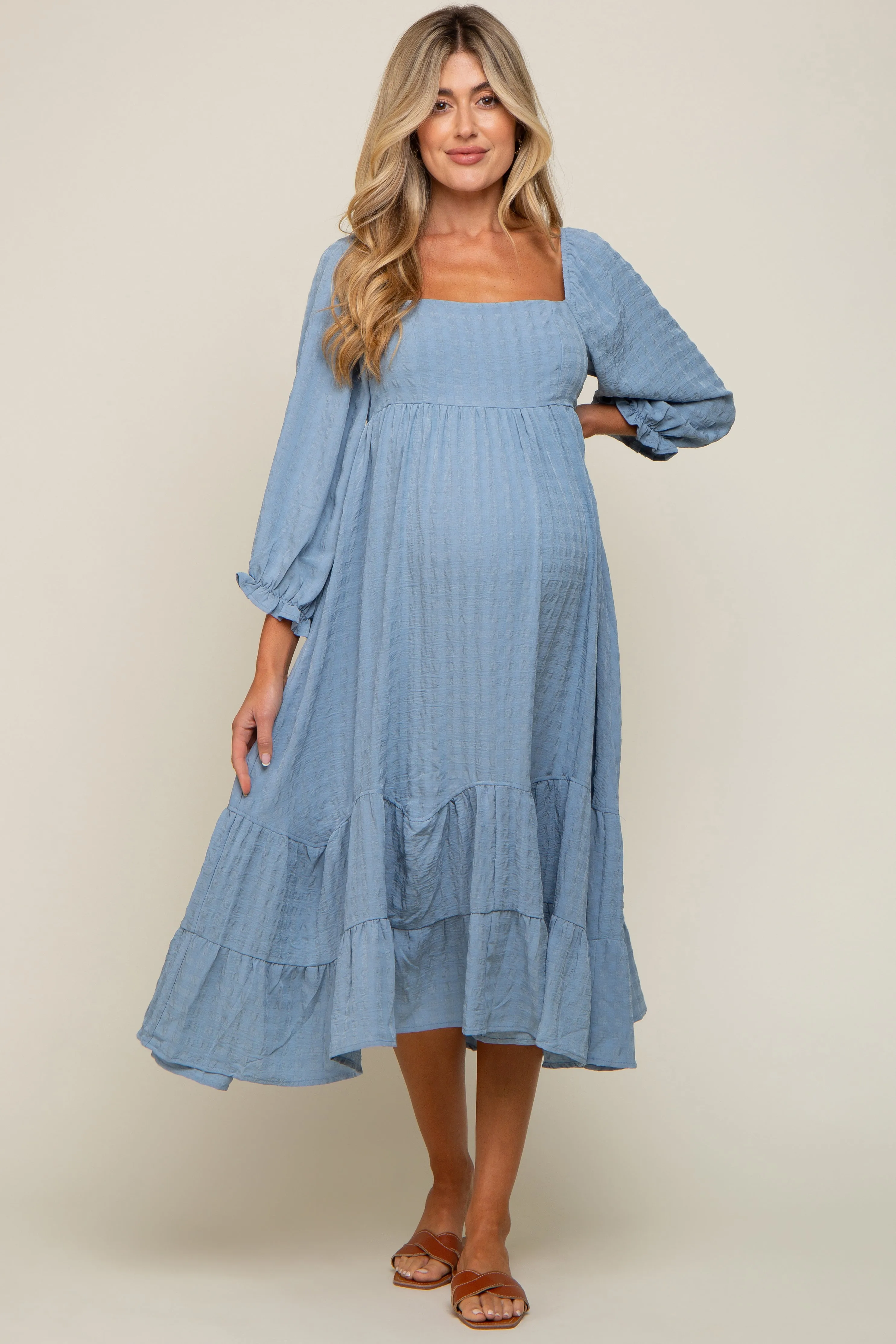 Blue Striped 3/4 Cinched Sleeve Tiered Maternity Midi Dress sold by Pinkblush product image thumbnail 4