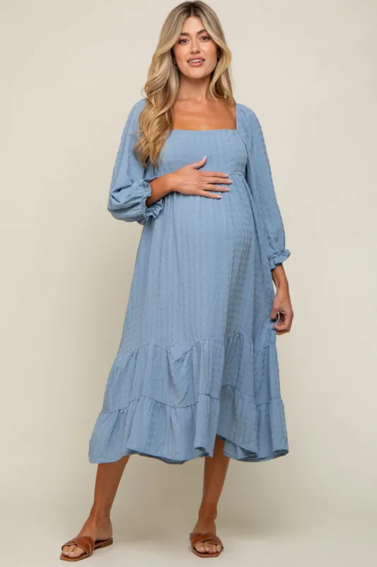 Blue Striped 3/4 Cinched Sleeve Tiered Maternity Midi Dress sold by Pinkblush