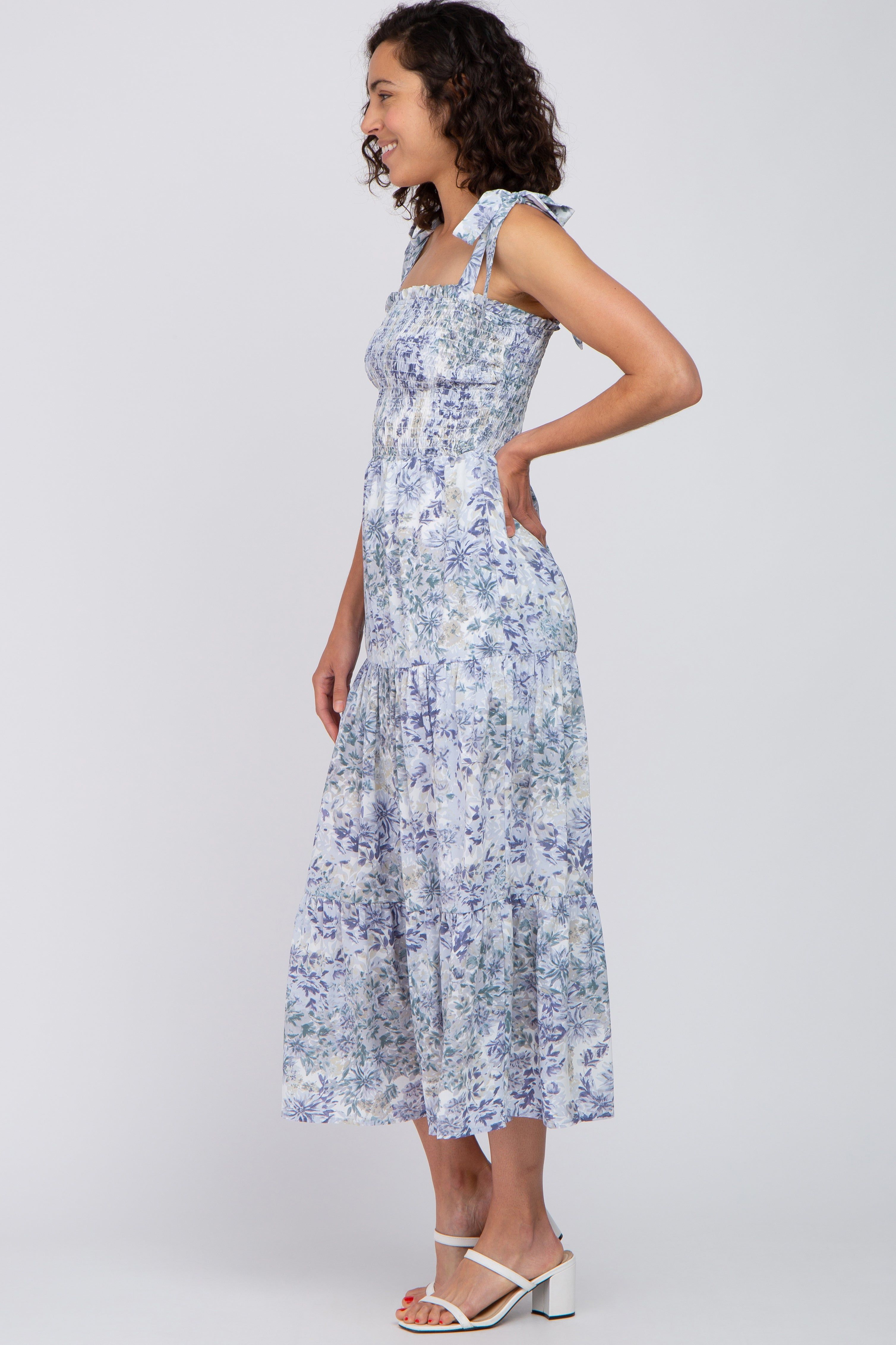 Blue Floral Smocked Tiered Maxi Dress sold by Pinkblush product image thumbnail 2
