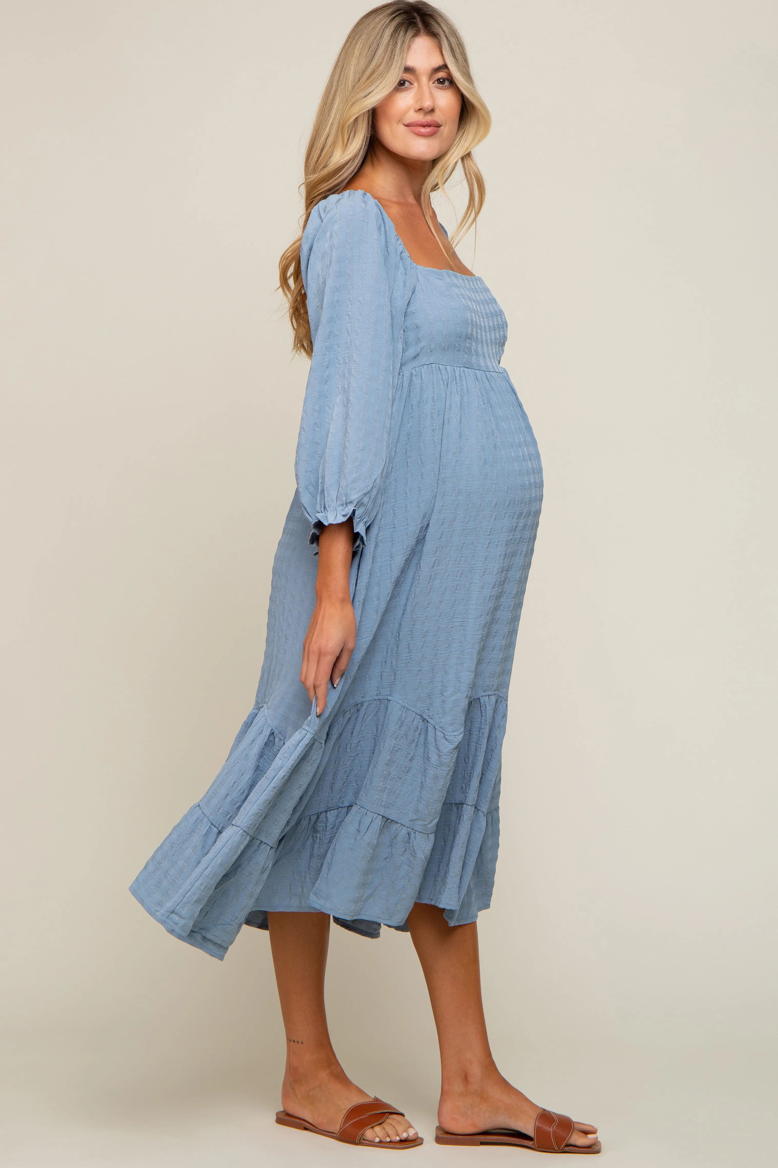 Blue Striped 3/4 Cinched Sleeve Tiered Maternity Midi Dress sold by Pinkblush product image thumbnail 2