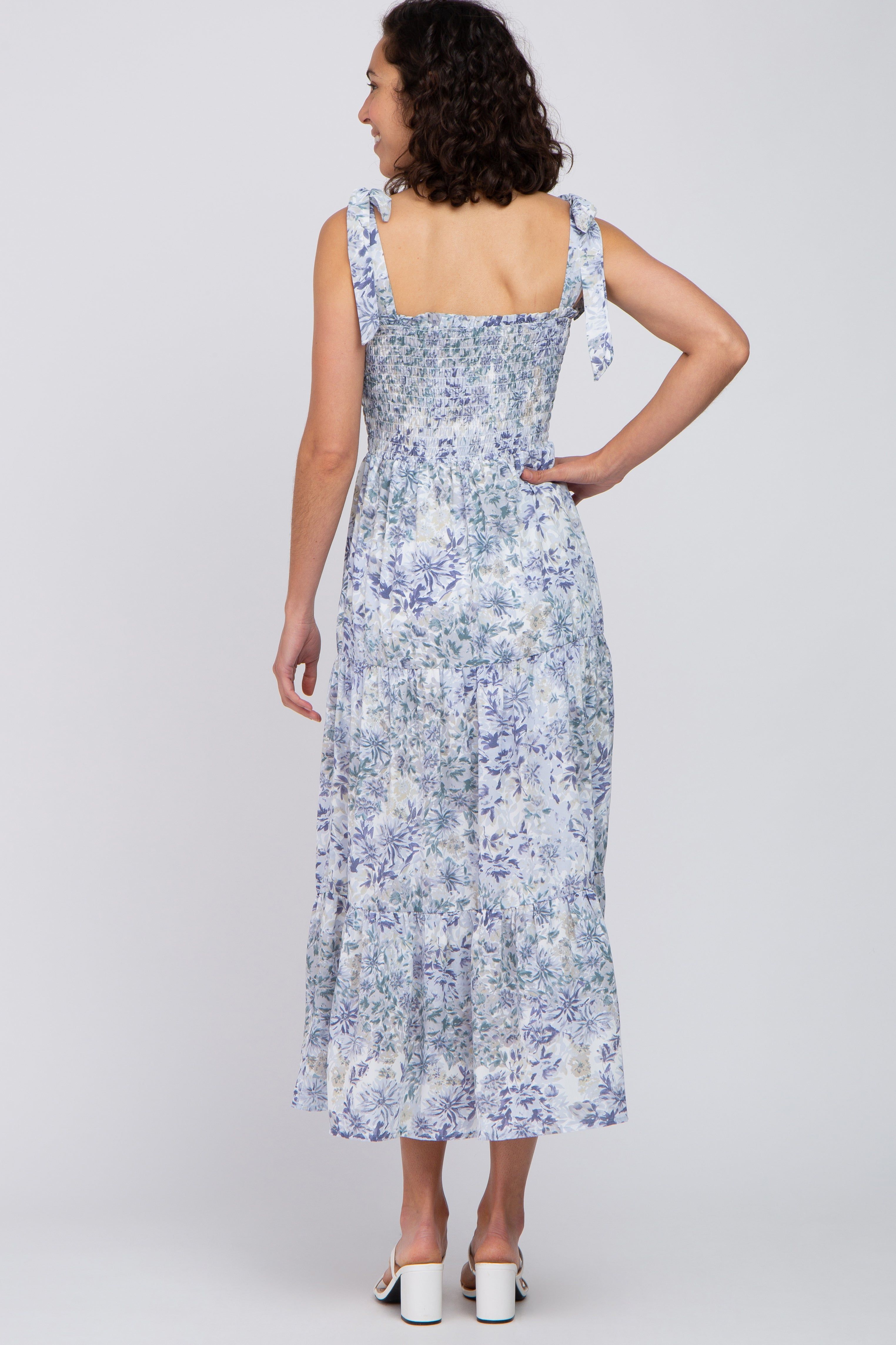 Blue Floral Smocked Tiered Maxi Dress sold by Pinkblush product image thumbnail 3