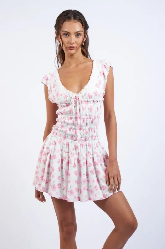 Pink Rose Floral Cap Sleeve Smocked Body Mini Dress sold by Pinkblush