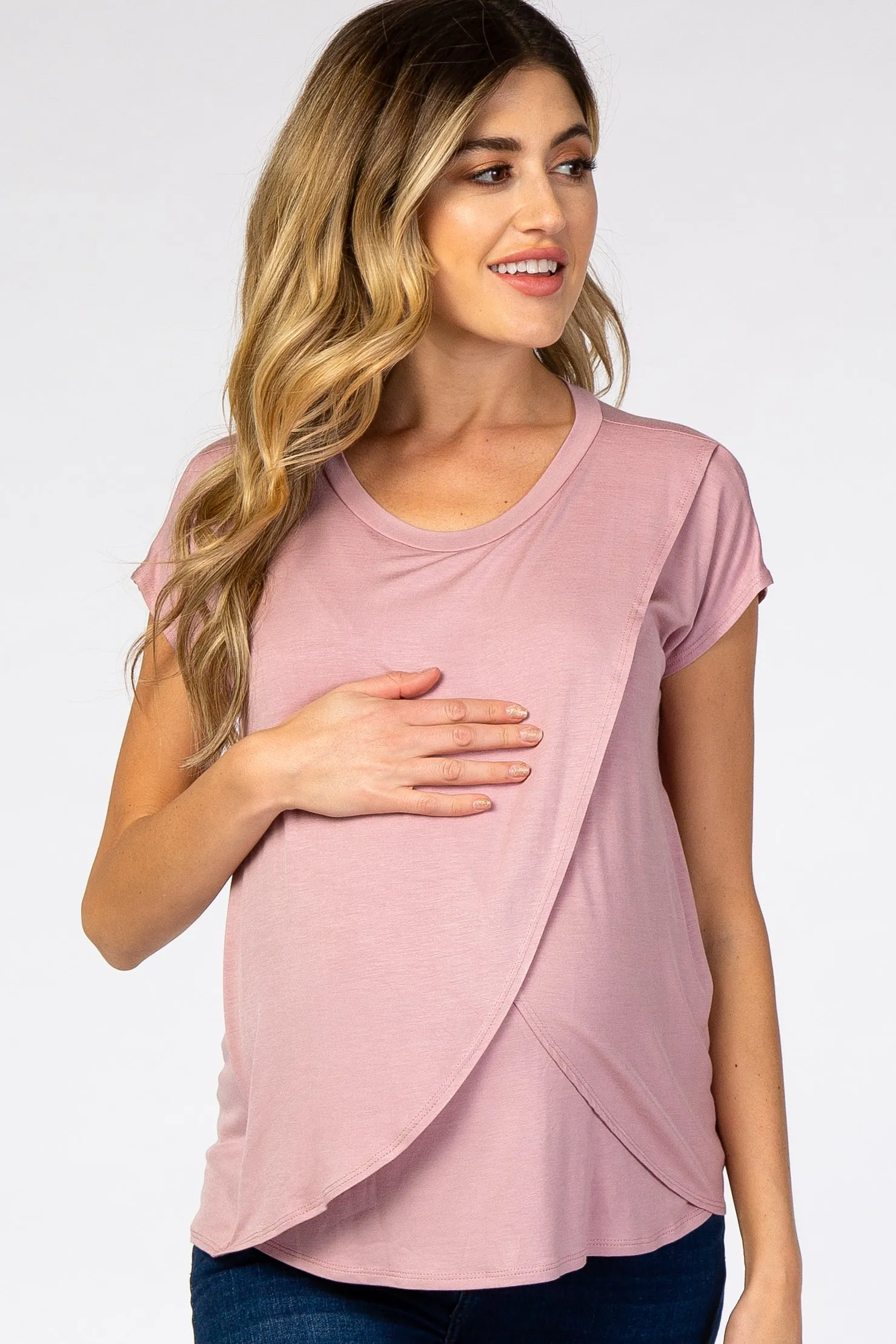 PinkBlush Light Pink Layered Wrap Front Maternity Nursing Top sold by Pinkblush