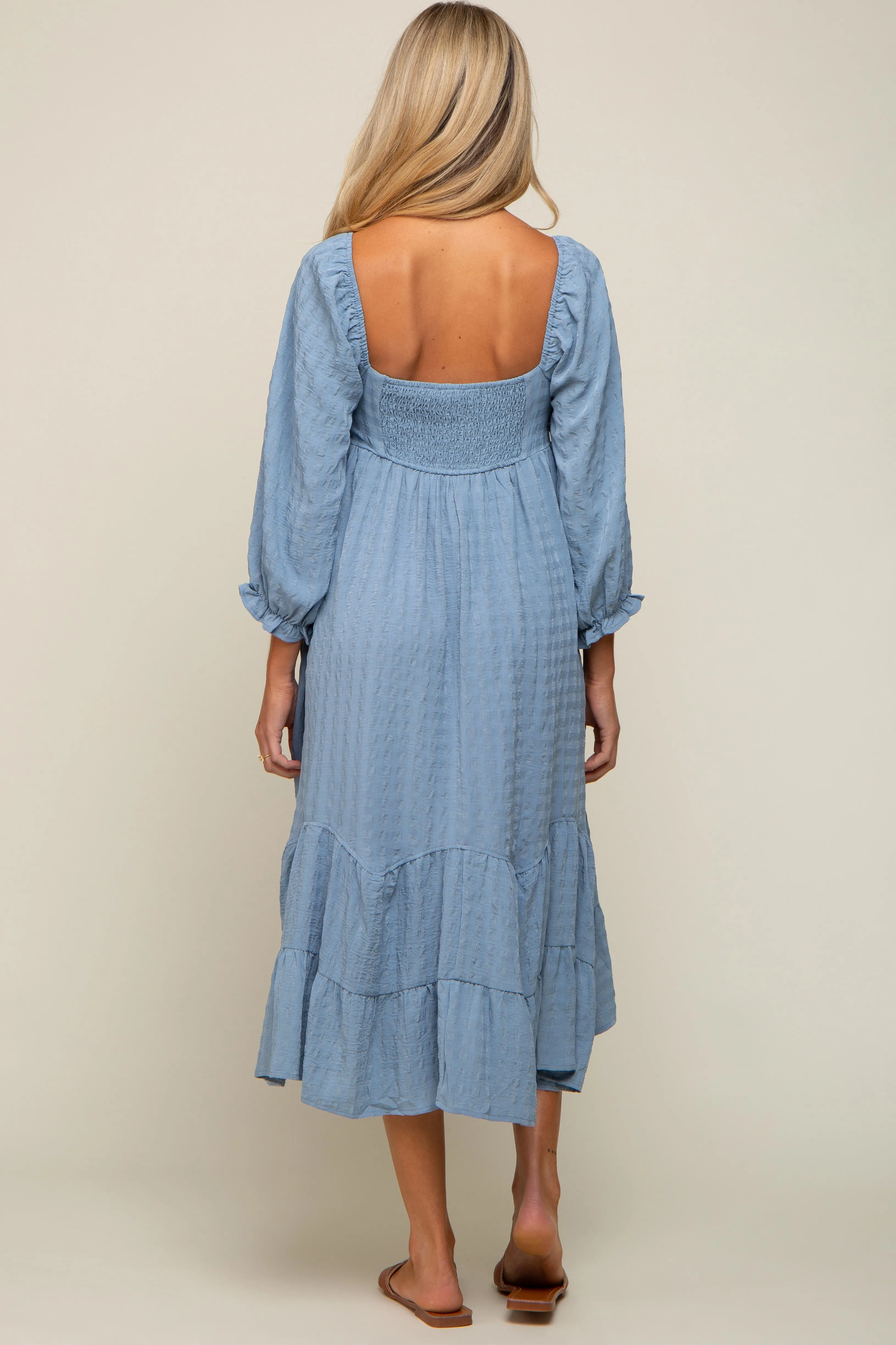 Blue Striped 3/4 Cinched Sleeve Tiered Maternity Midi Dress sold by Pinkblush product image thumbnail 3