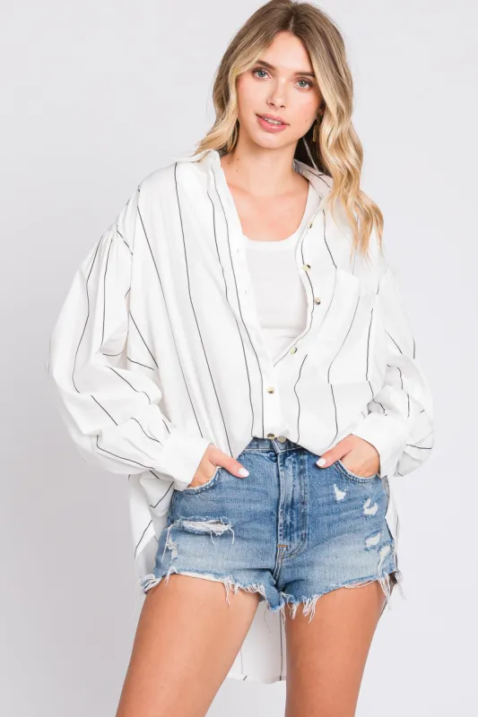 White Striped Puffed Sleeve Blouse sold by Pinkblush
