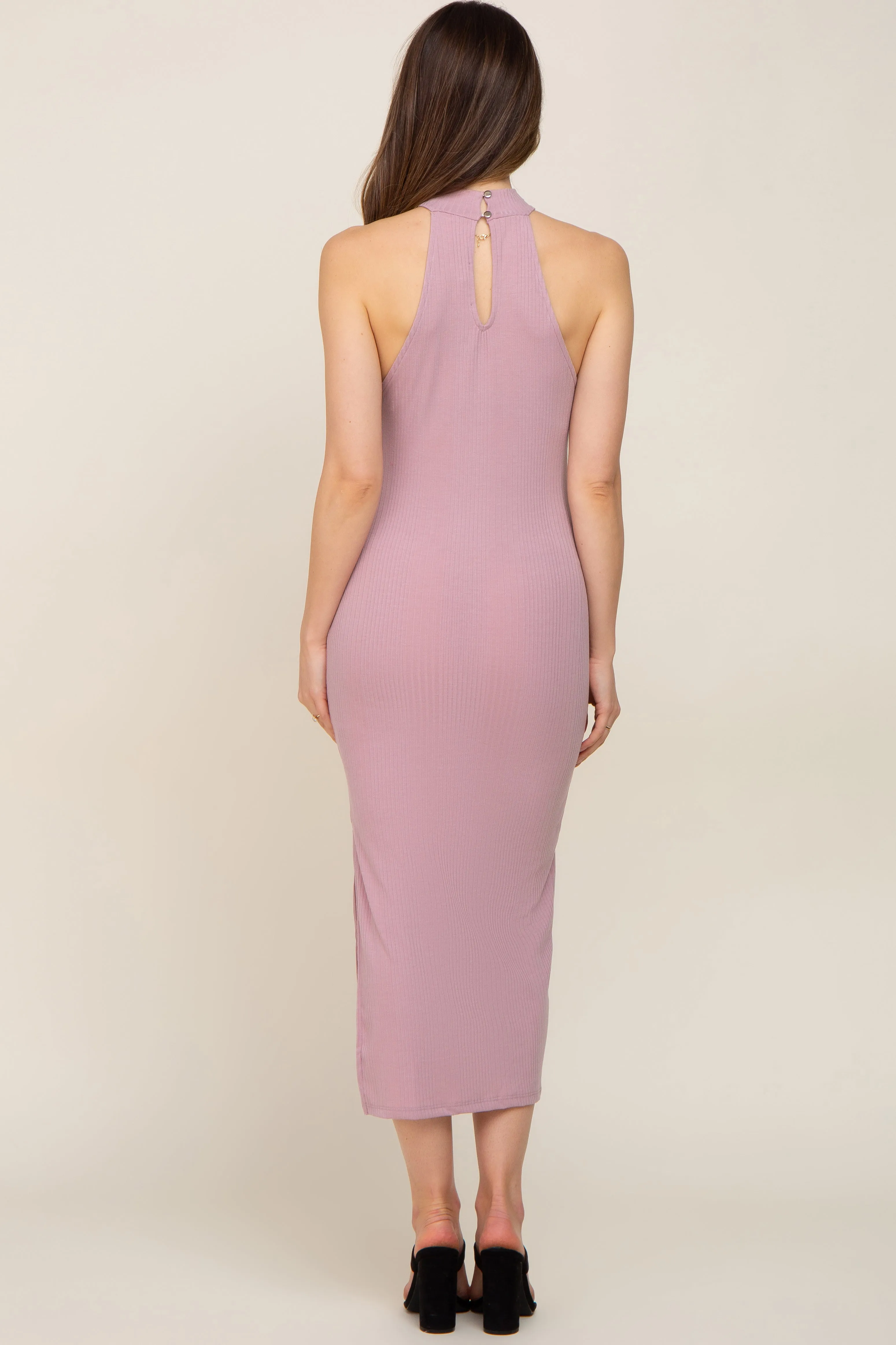 Mauve Ribbed Mock Neck Sleeveless Side Slit Maternity Midi Dress sold by Pinkblush product image thumbnail 4