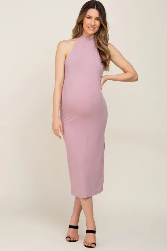 Mauve Ribbed Mock Neck Sleeveless Side Slit Maternity Midi Dress sold by Pinkblush