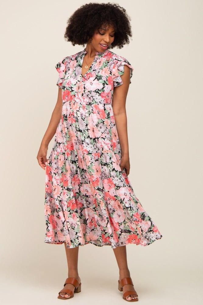 Black Floral Button Front Ruffle Sleeve Tiered Midi Dress sold by Pinkblush product image thumbnail 4