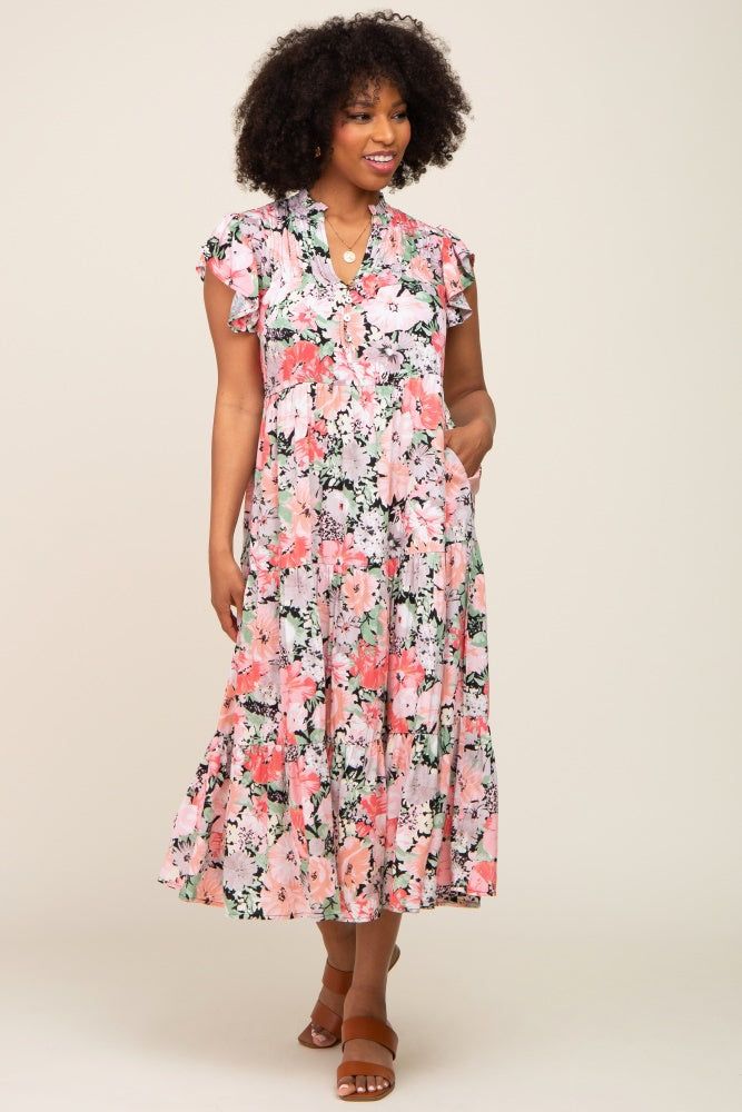 Black Floral Button Front Ruffle Sleeve Tiered Midi Dress sold by Pinkblush
