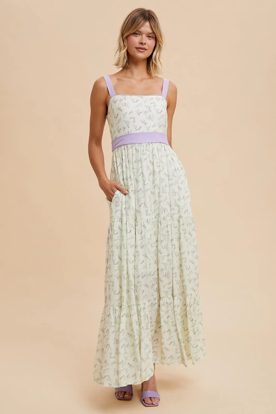Lavender Floral Contrast Sash Tie Maxi Dress sold by Pinkblush product image thumbnail 3