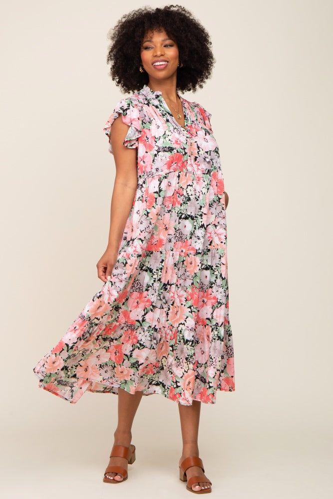 Black Floral Button Front Ruffle Sleeve Tiered Midi Dress sold by Pinkblush product image thumbnail 5