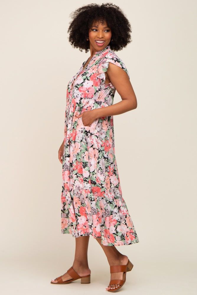 Black Floral Button Front Ruffle Sleeve Tiered Midi Dress sold by Pinkblush product image thumbnail 2
