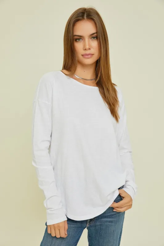 White Long Sleeve Curved Hem Top sold by Pinkblush