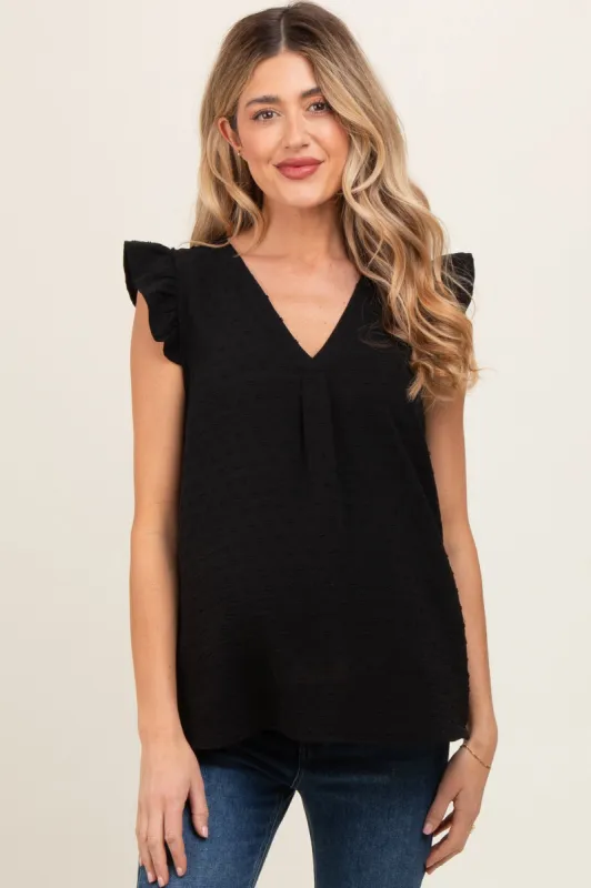 Black Swiss Dot Flutter Sleeve V-Neck Maternity Top sold by Pinkblush