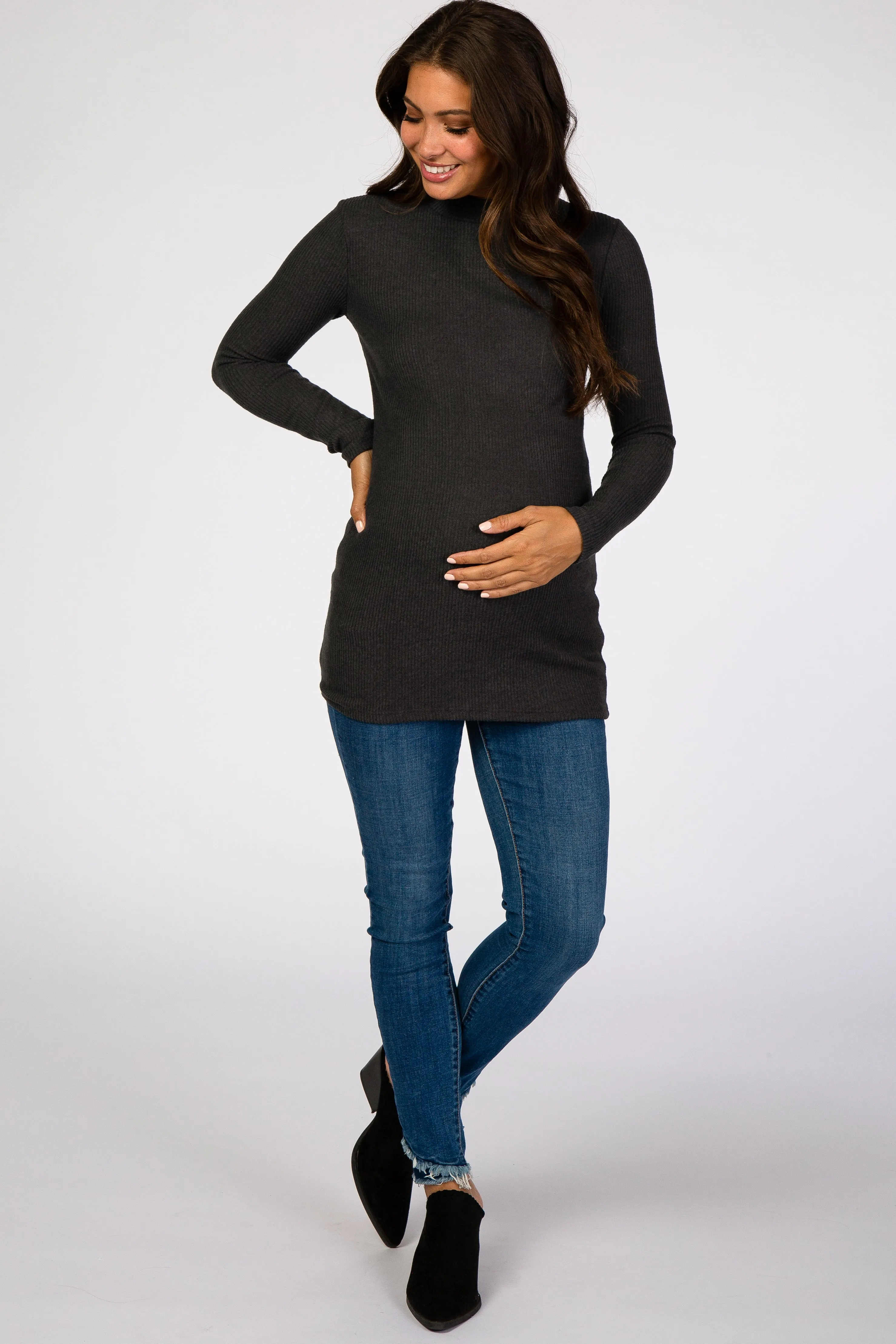 Charcoal Ribbed Long Sleeve Mock Neck Maternity Top sold by Pinkblush product image thumbnail 4