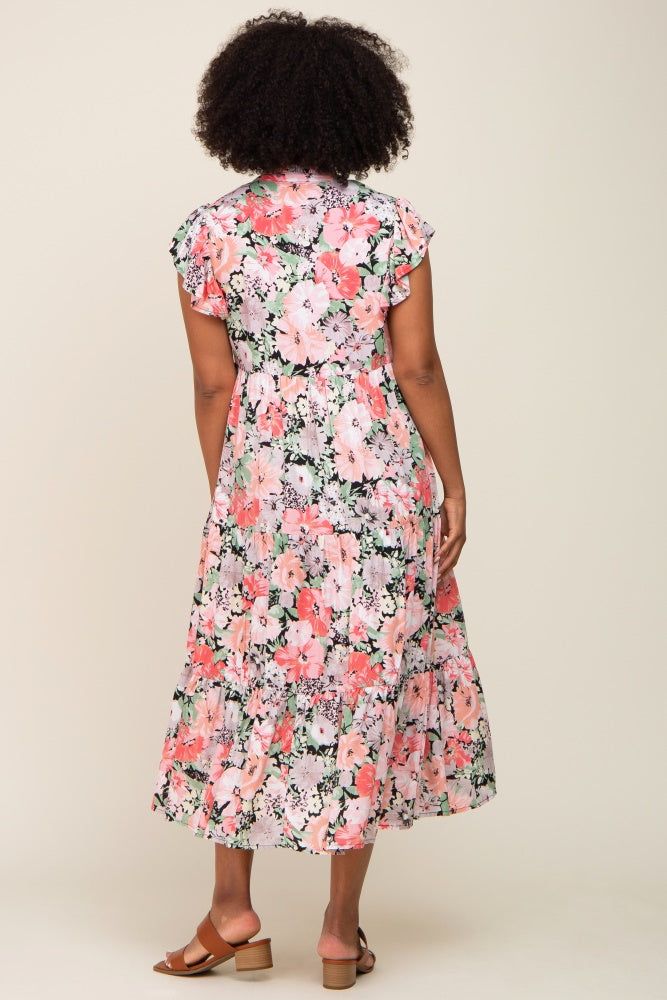Black Floral Button Front Ruffle Sleeve Tiered Midi Dress sold by Pinkblush product image thumbnail 3