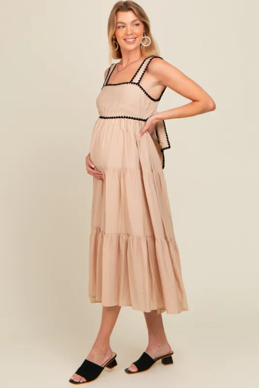 Beige Scallop Trim Tiered Maternity Midi Dress sold by Pinkblush