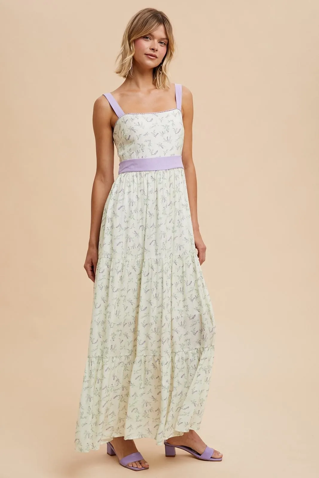 Lavender Floral Contrast Sash Tie Maxi Dress sold by Pinkblush product image thumbnail 2