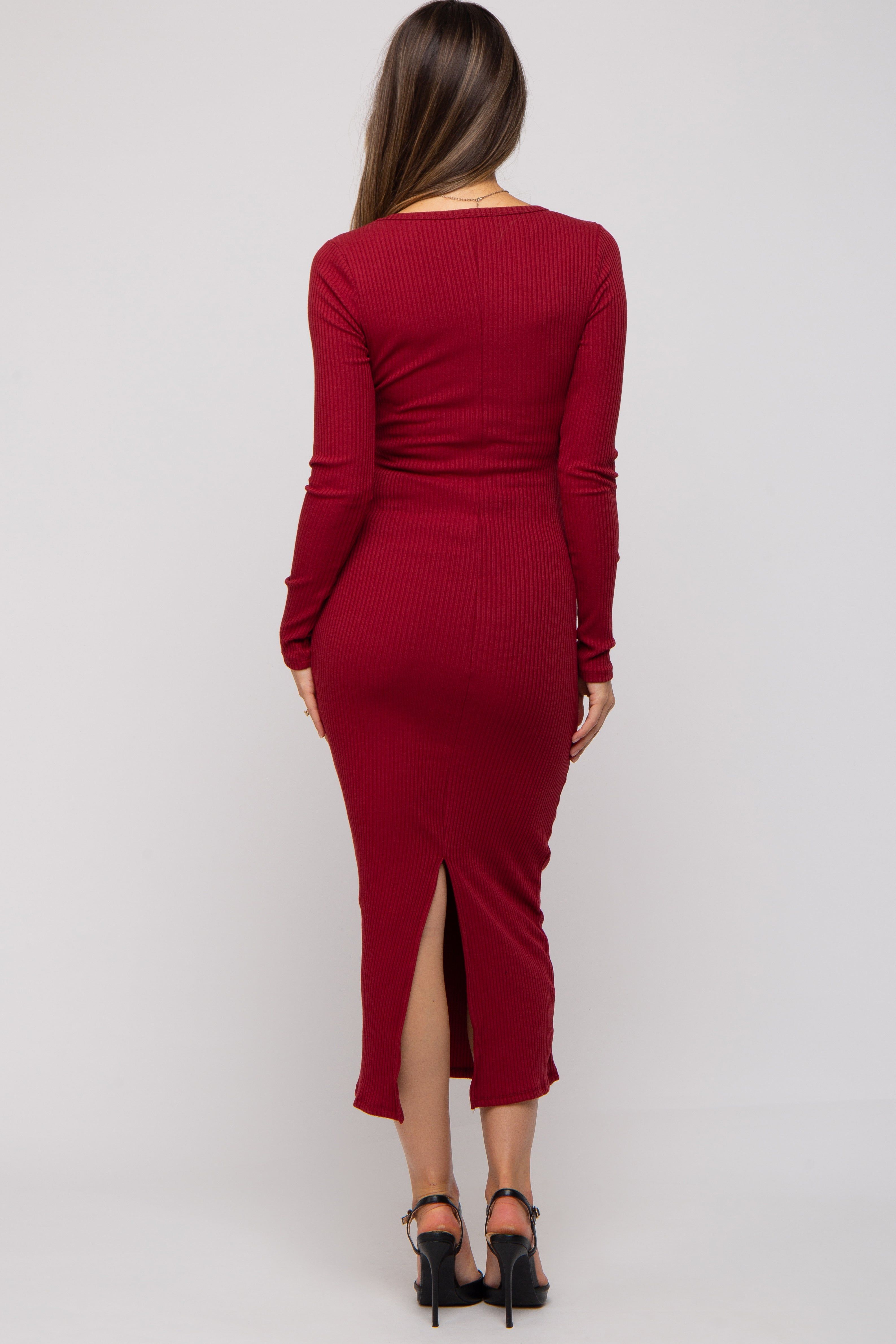 Burgundy Ribbed Long Sleeve Maternity Maxi Dress sold by Pinkblush product image thumbnail 3