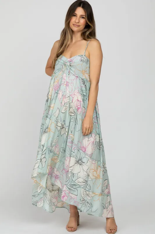 Light Blue Floral Front Tie Empire Maternity Maxi Dress sold by Pinkblush