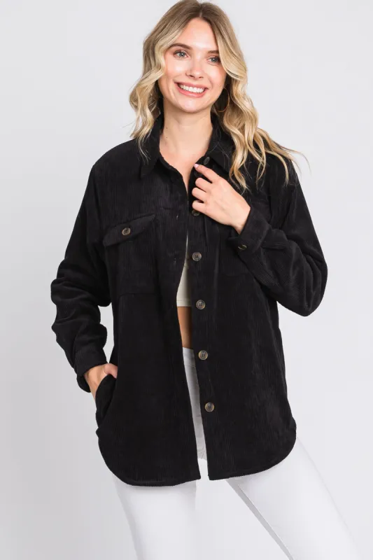Black Corduroy Plaid Fleece Lined Button Down Shacket sold by Pinkblush