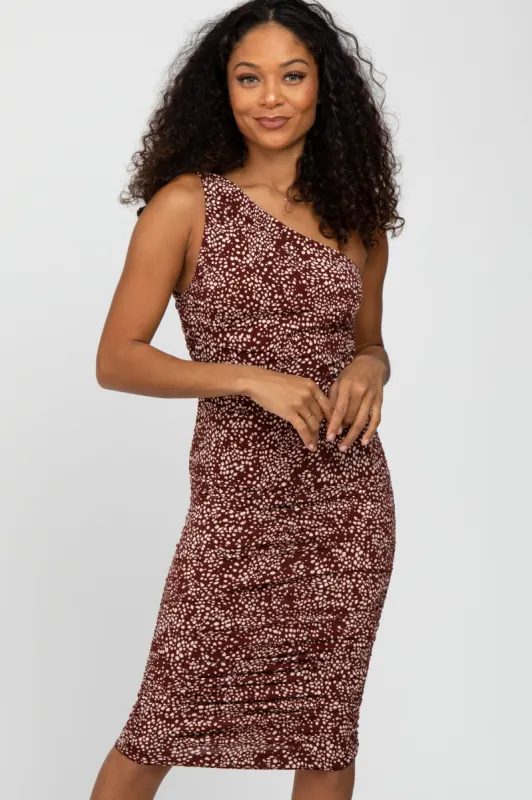Brown Animal Print Asymmetrical One Shoulder Midi Dress made by Pinkblush