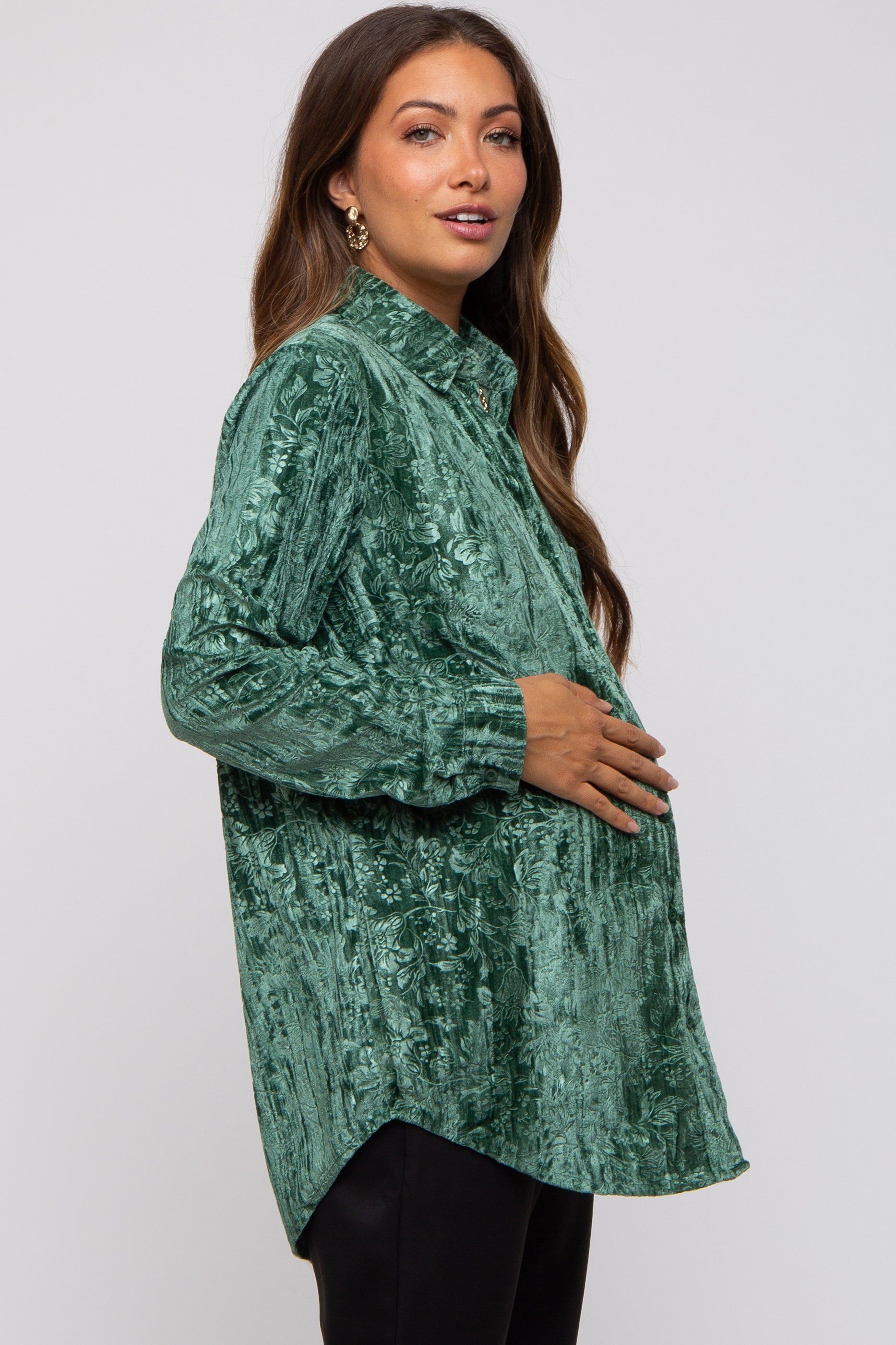 Green Embossed Floral Velvet Maternity Blouse sold by Pinkblush product image thumbnail 2