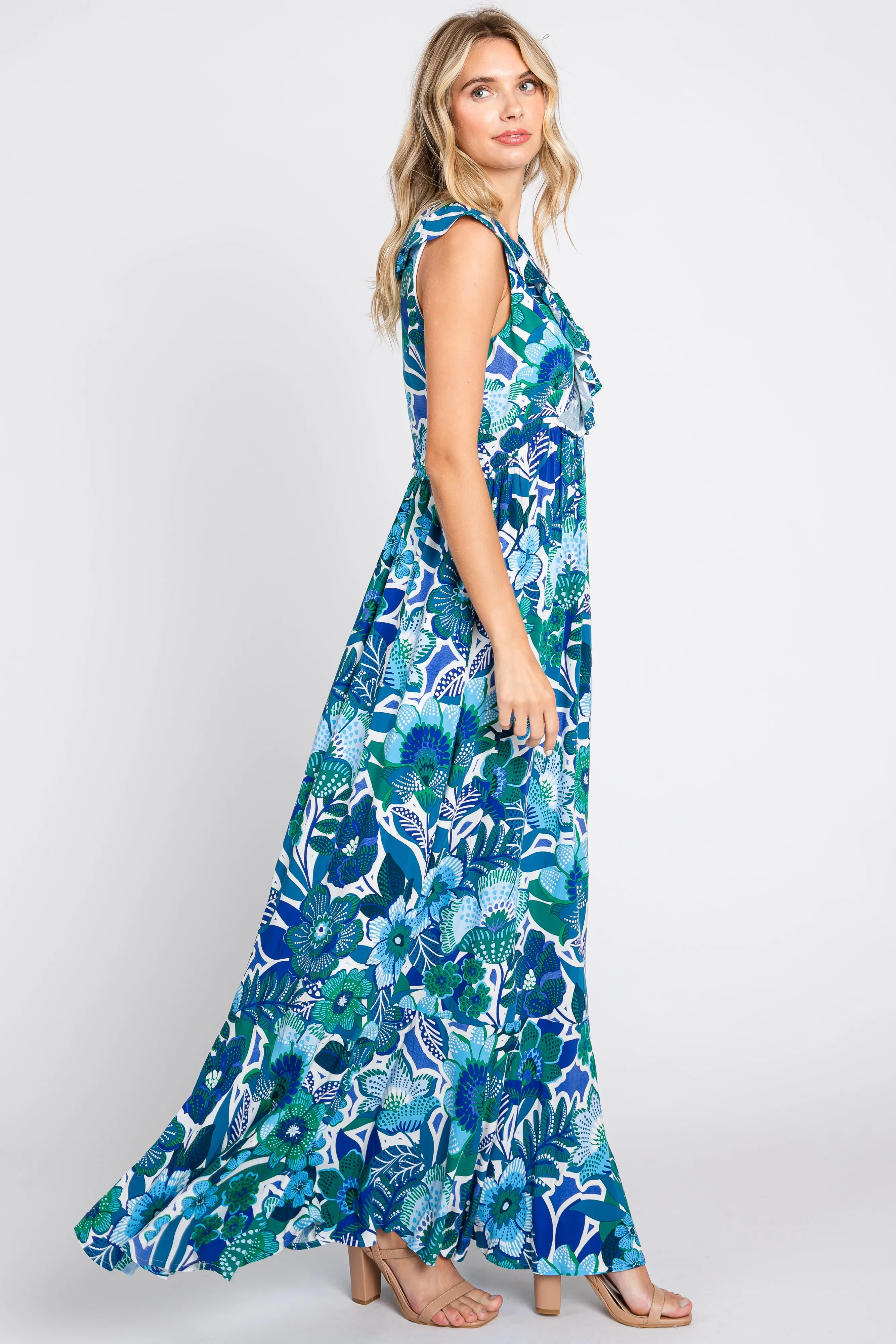 Blue Floral Ruffle Accent Sleeveless Maxi Dress sold by Pinkblush product image thumbnail 2