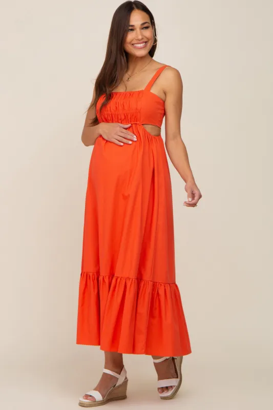 Orange Sleeveless Cutout Ruffle Hem Maternity Maxi Dress sold by Pinkblush