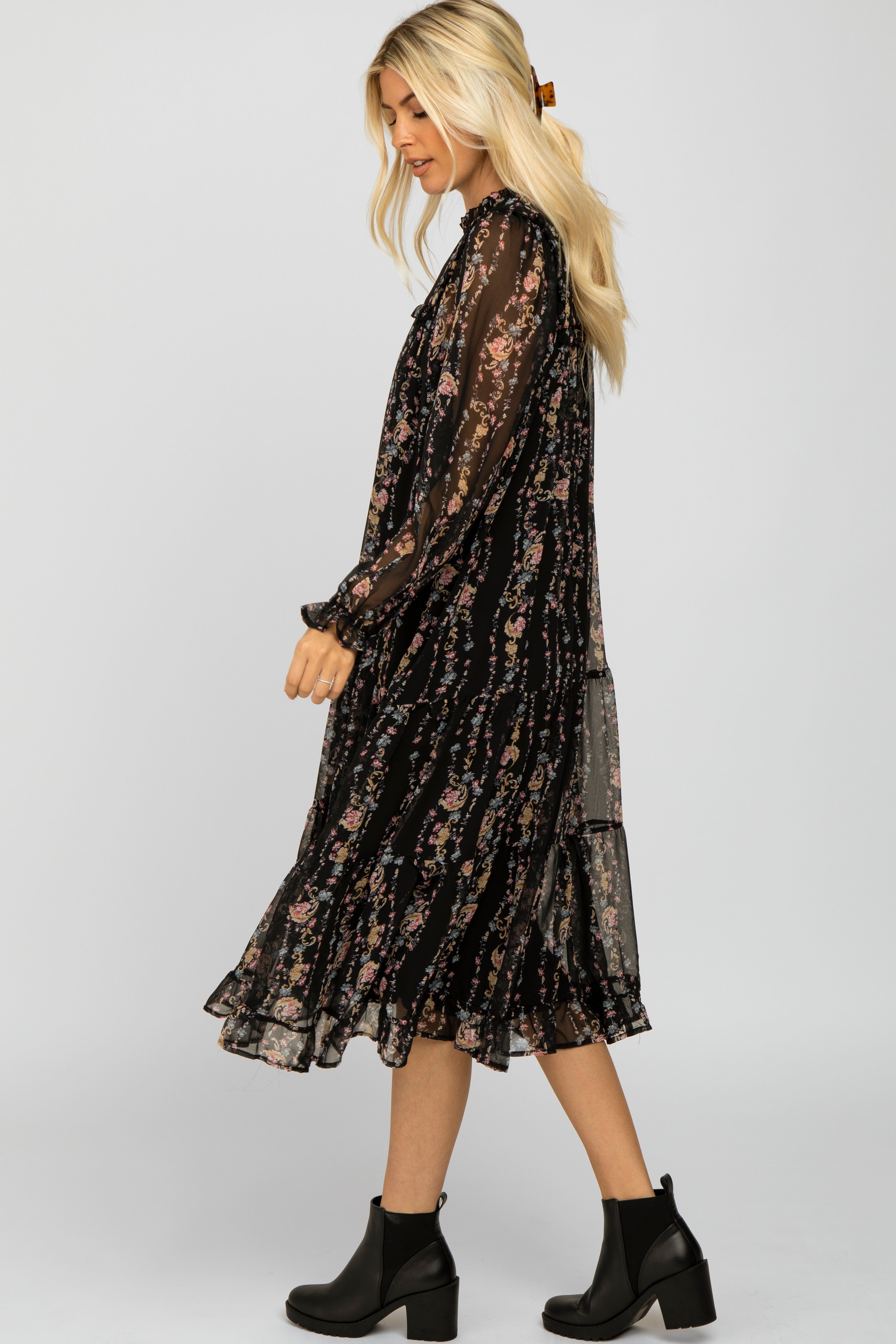 Black Floral Tiered Midi Dress sold by Pinkblush product image thumbnail 2