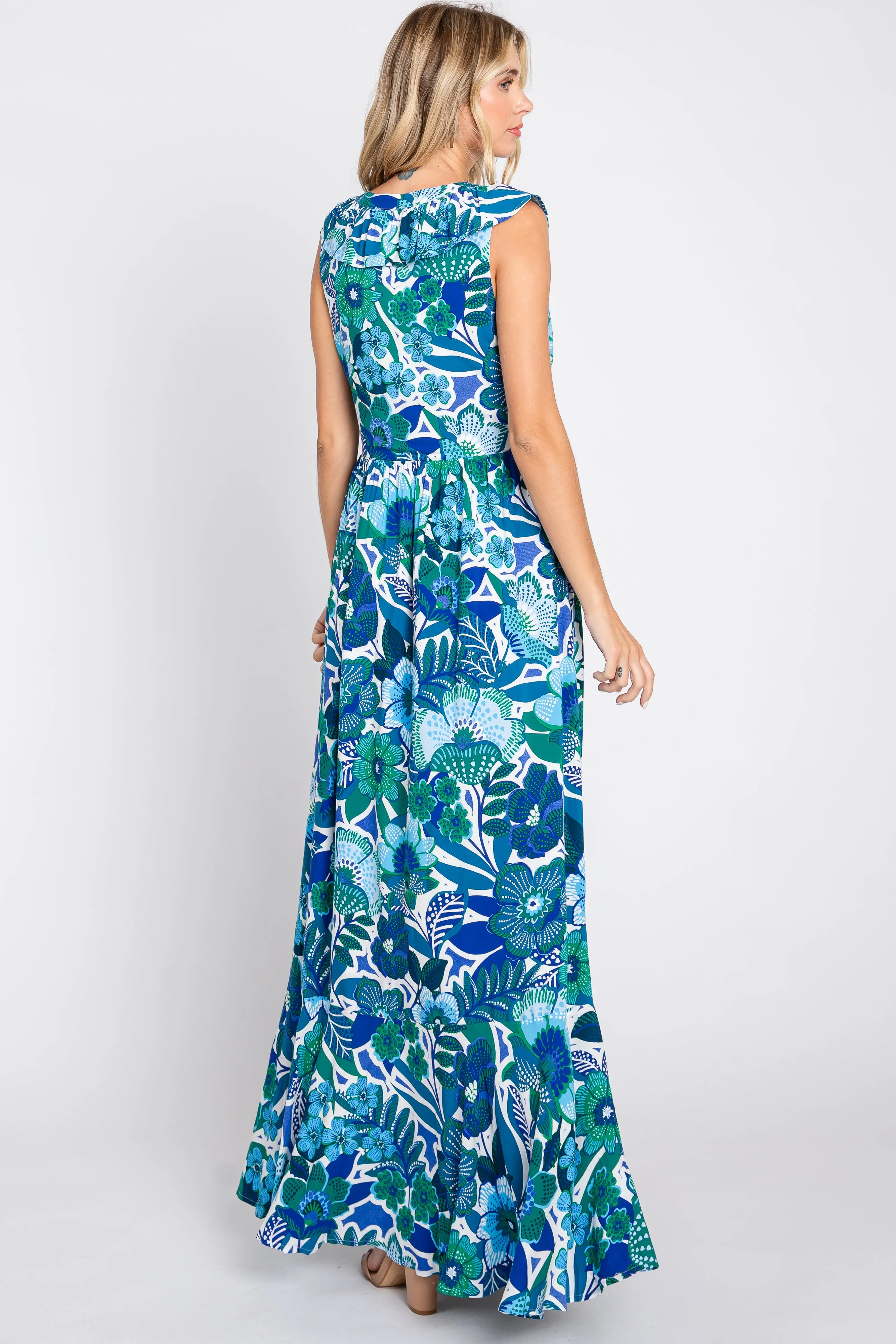 Blue Floral Ruffle Accent Sleeveless Maxi Dress sold by Pinkblush product image thumbnail 3