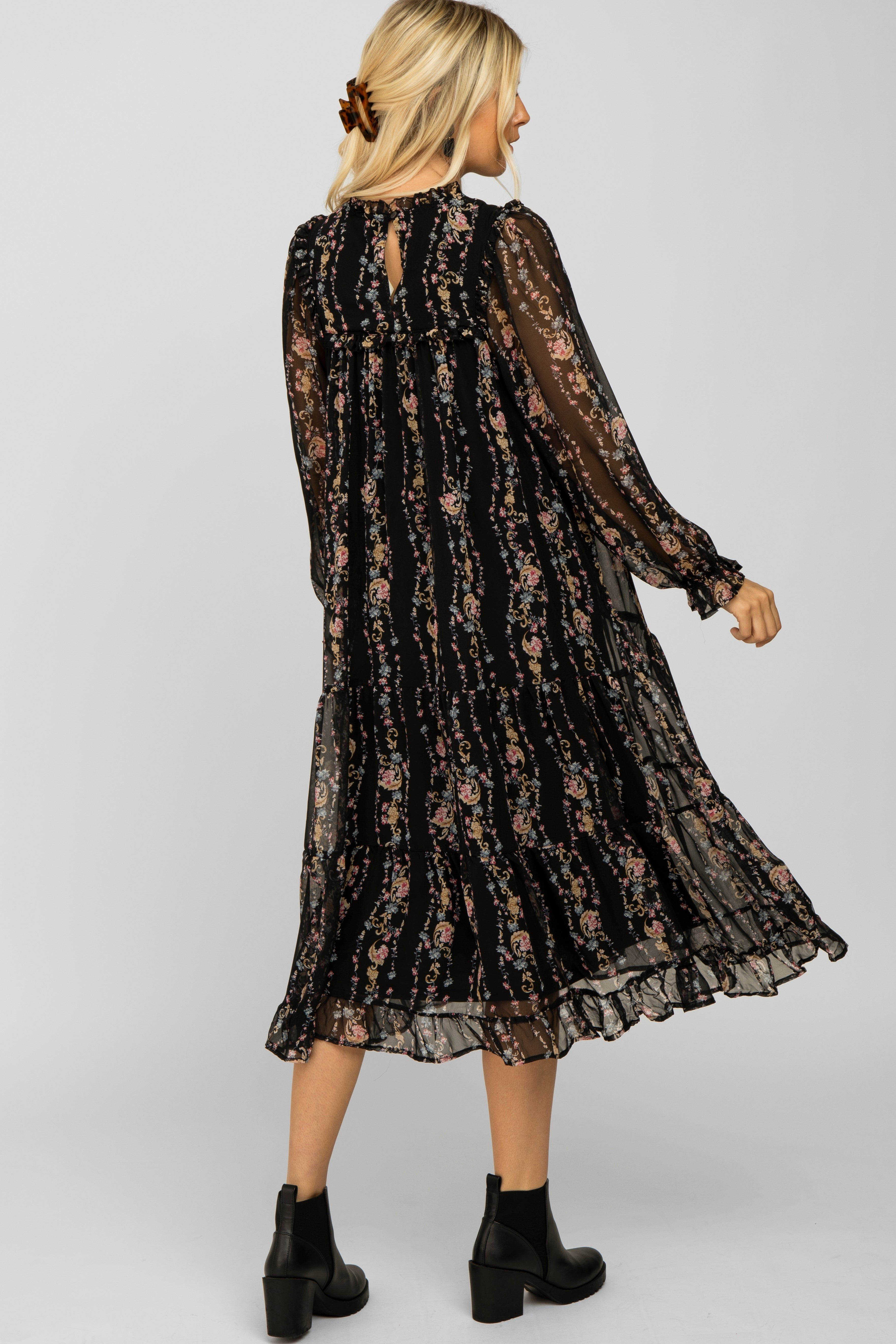 Black Floral Tiered Midi Dress sold by Pinkblush product image thumbnail 3