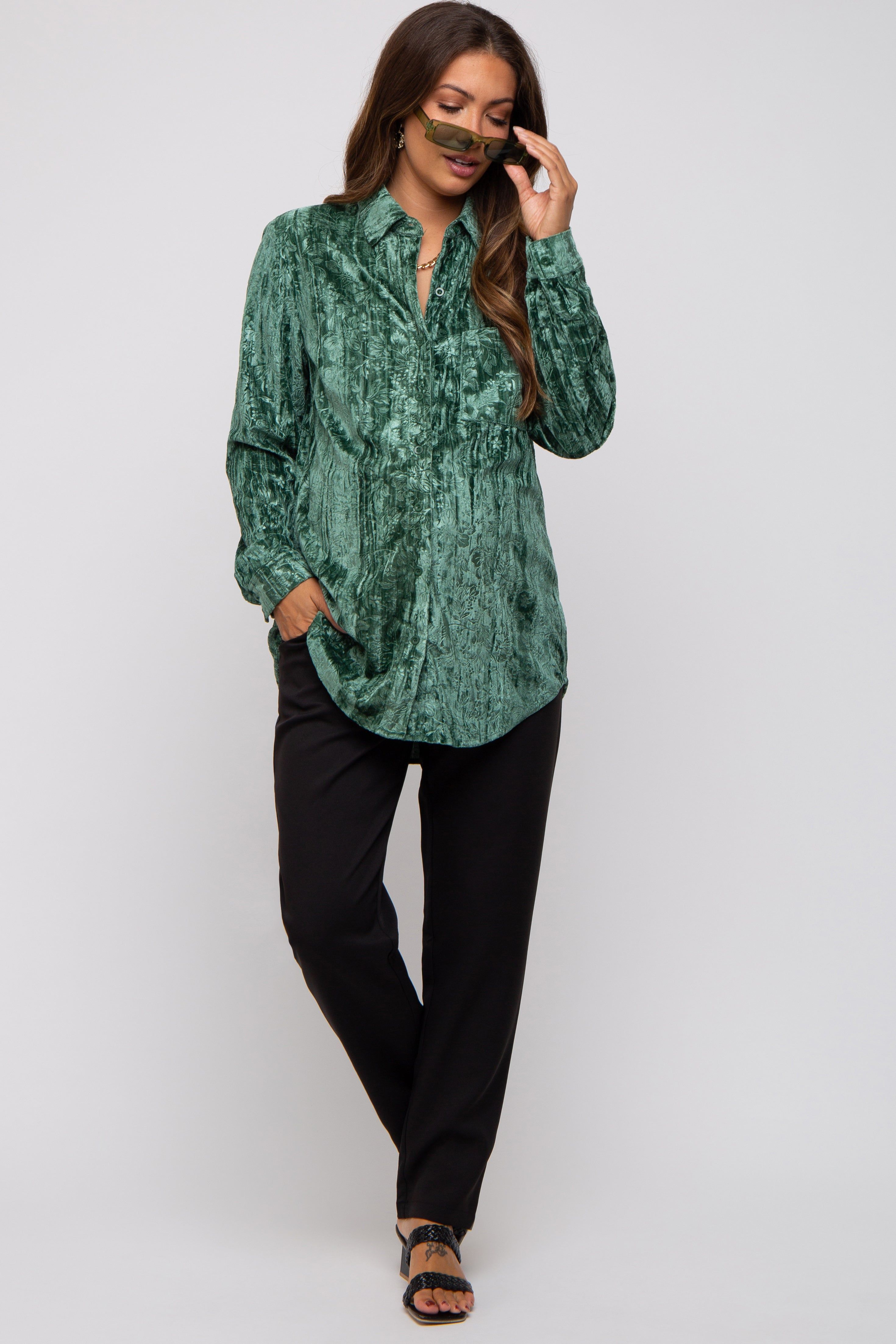Green Embossed Floral Velvet Maternity Blouse sold by Pinkblush product image thumbnail 4
