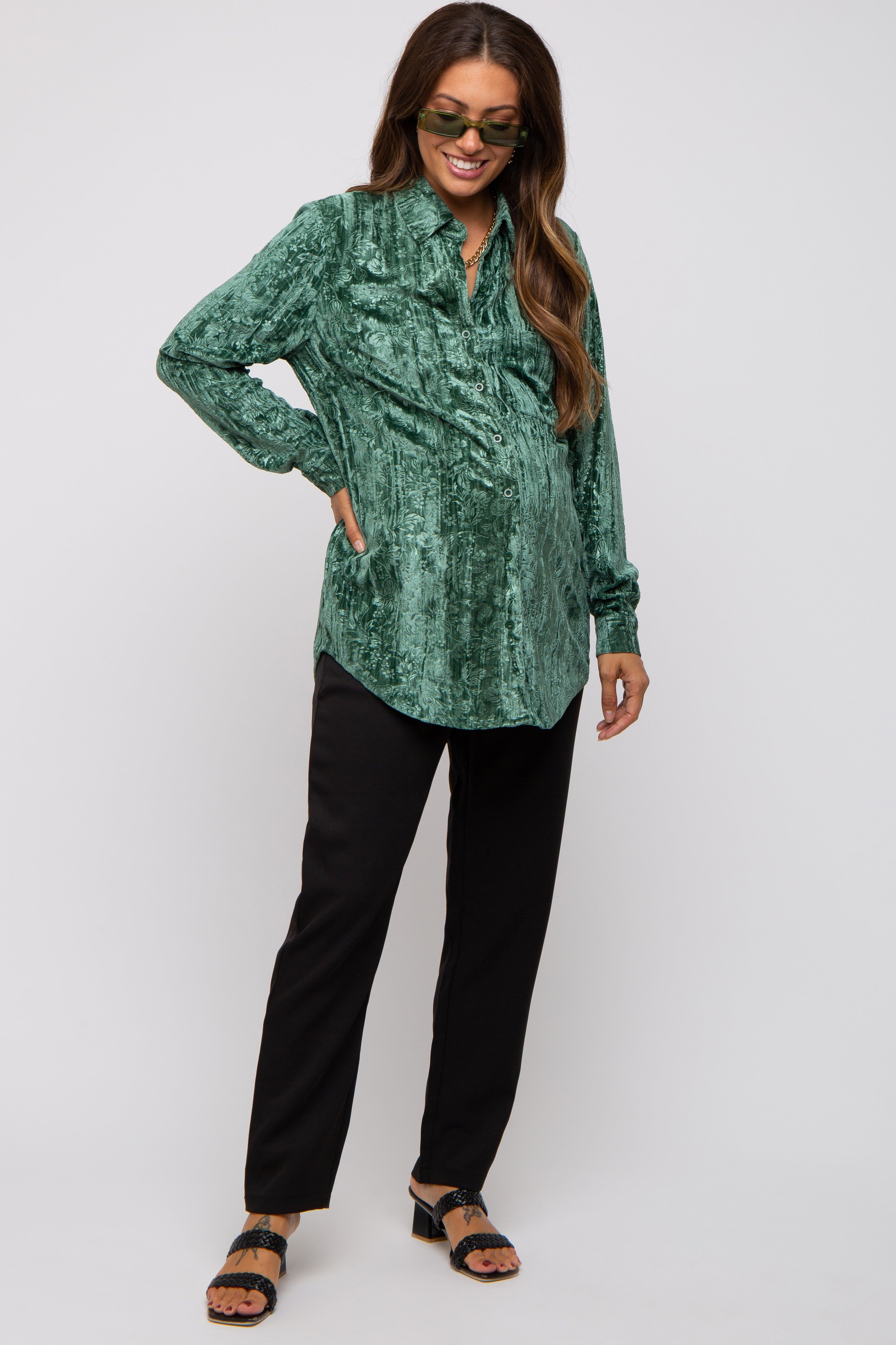 Green Embossed Floral Velvet Maternity Blouse sold by Pinkblush