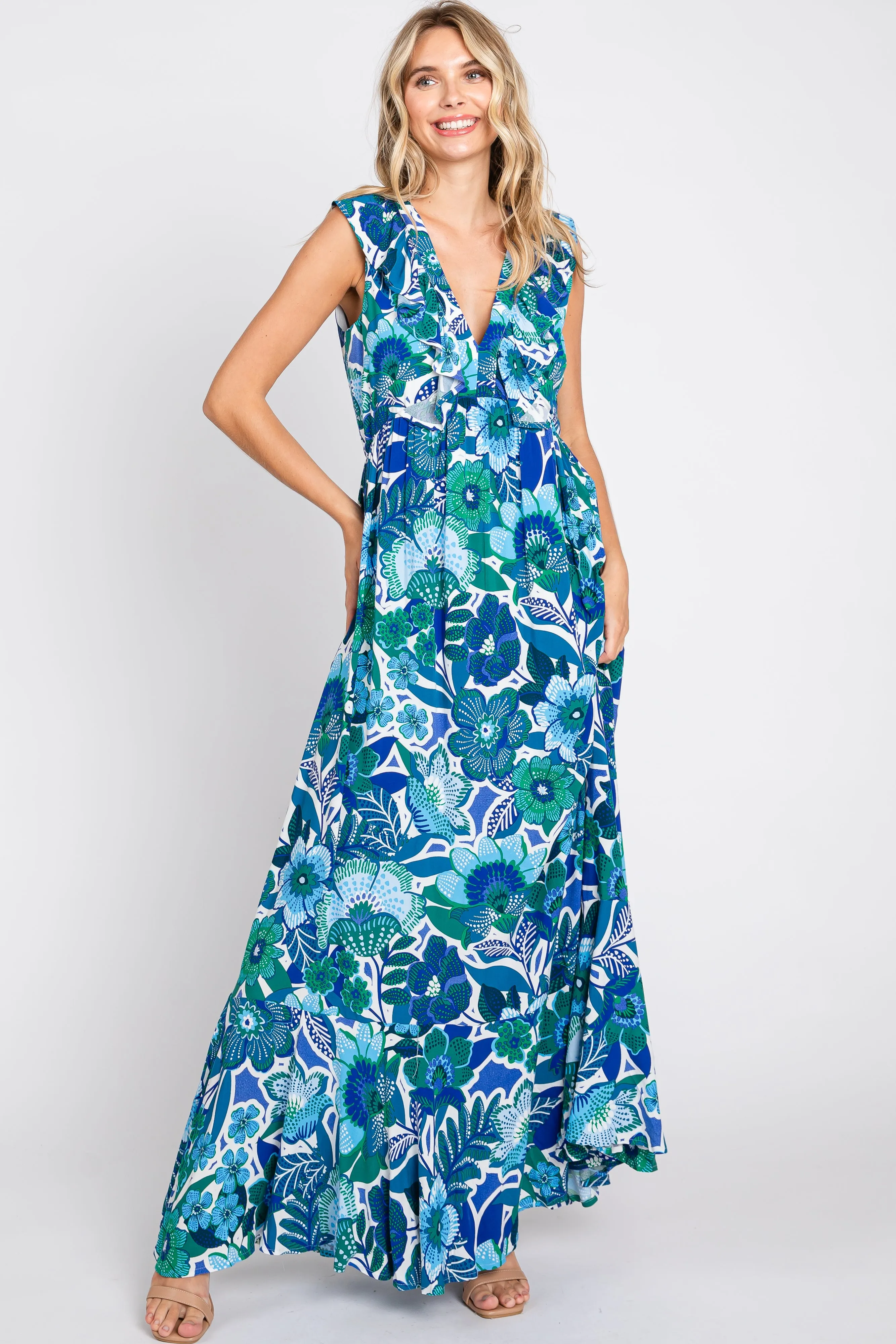 Blue Floral Ruffle Accent Sleeveless Maxi Dress sold by Pinkblush