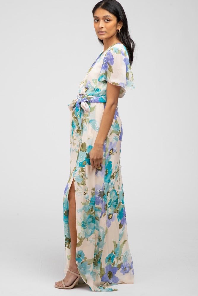 Blue Floral Chiffon Short Sleeve Side Slit Maternity Maxi Dress sold by Pinkblush product image thumbnail 2