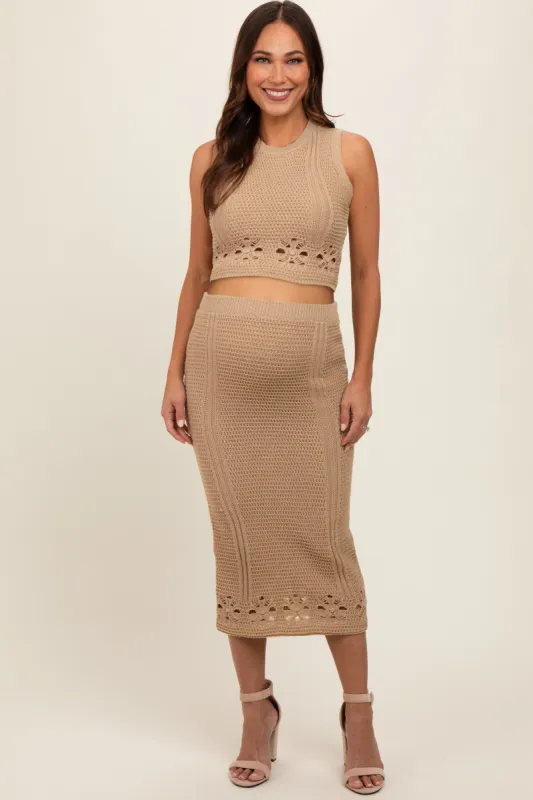 Taupe Crochet Swimsuit Coverup Top and Skirt Maternity Set sold by Pinkblush