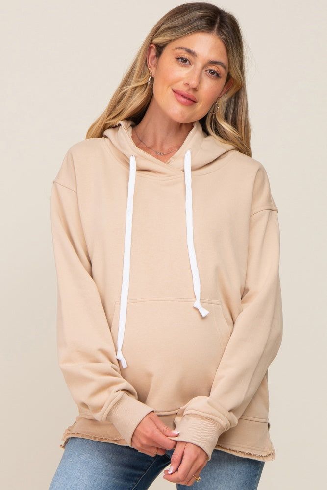 Taupe Raw Edge Trim Maternity Drawstring Hoodie sold by Pinkblush