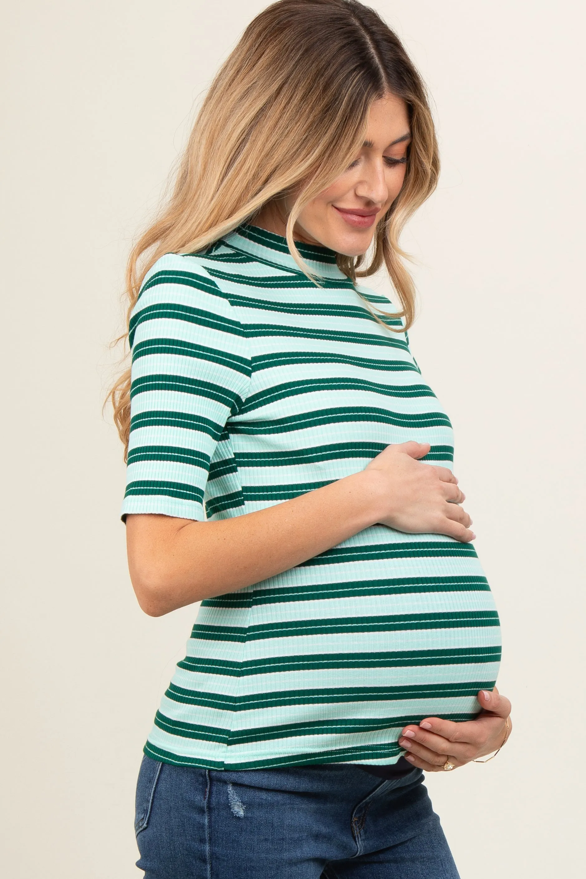 Mint Striped Ribbed Mock Neck Maternity Top sold by Pinkblush product image thumbnail 3