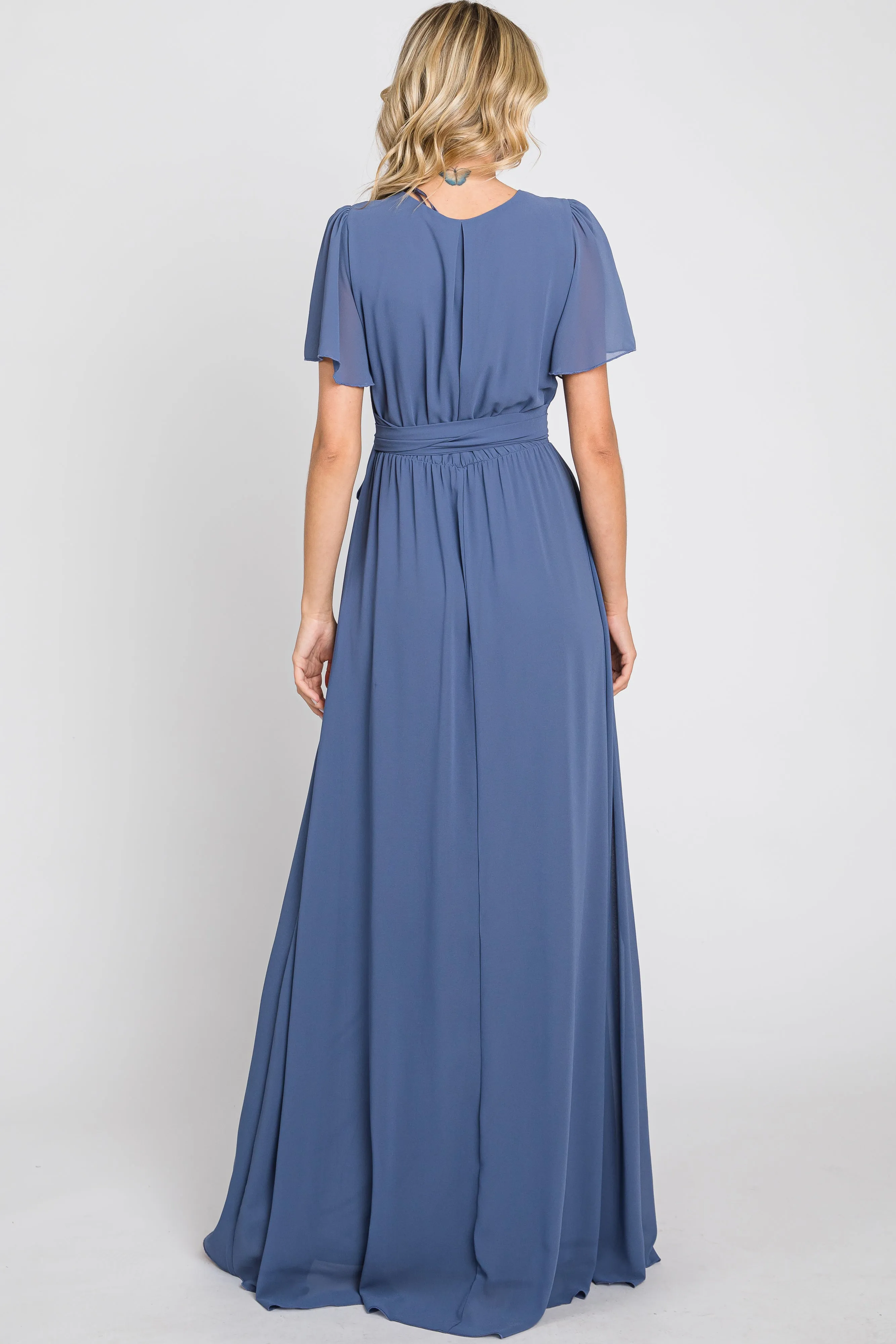 Navy Blue Chiffon Short Sleeve Wrap V-Neck Front Slit Maxi Dress sold by Pinkblush product image thumbnail 3
