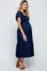 Navy Satin Flutter Sleeve Maternity Midi Dress sold by Pinkblush