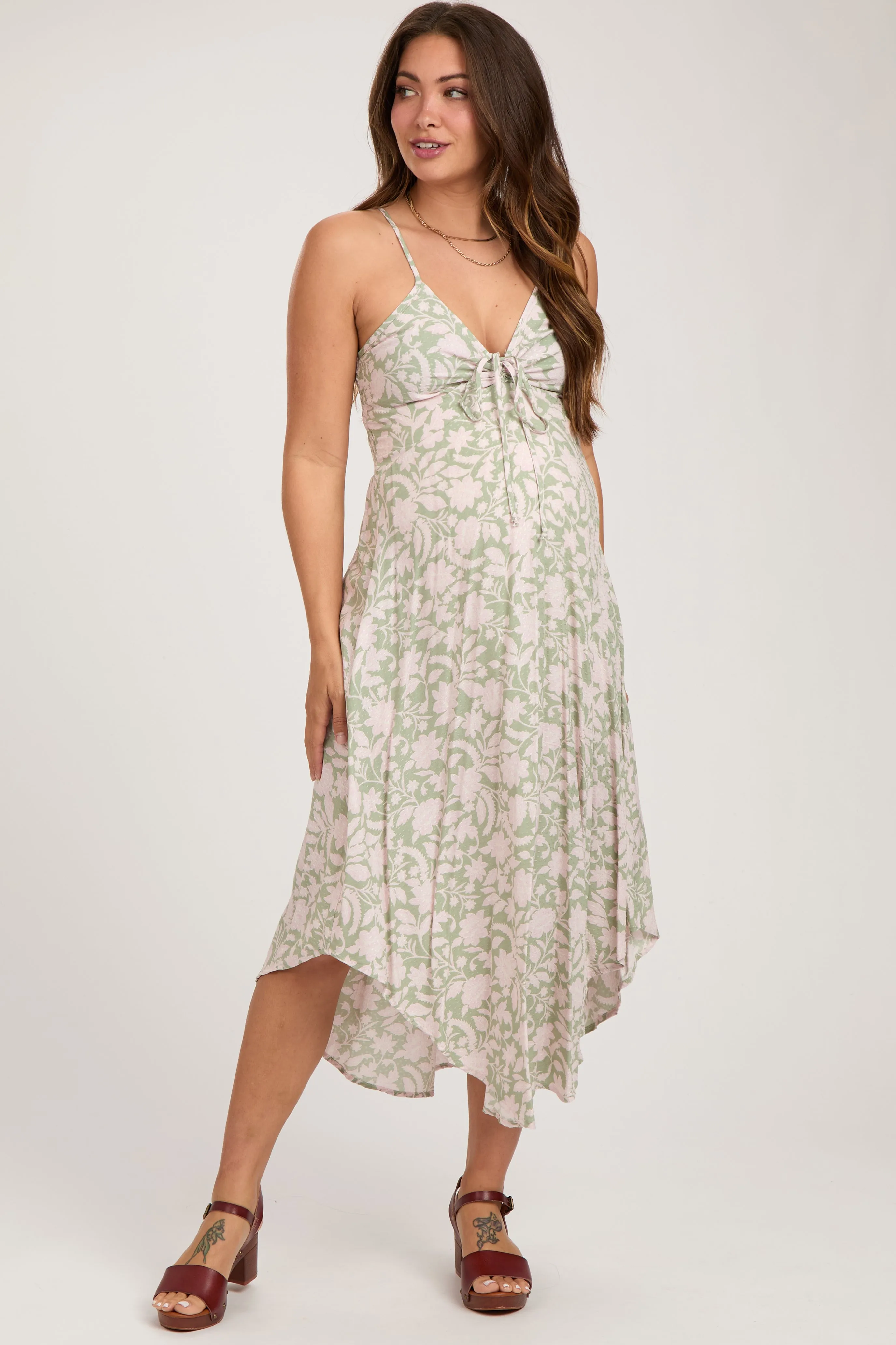 Light Olive Floral Front Tie V-Neck Maternity Midi Dress sold by Pinkblush
