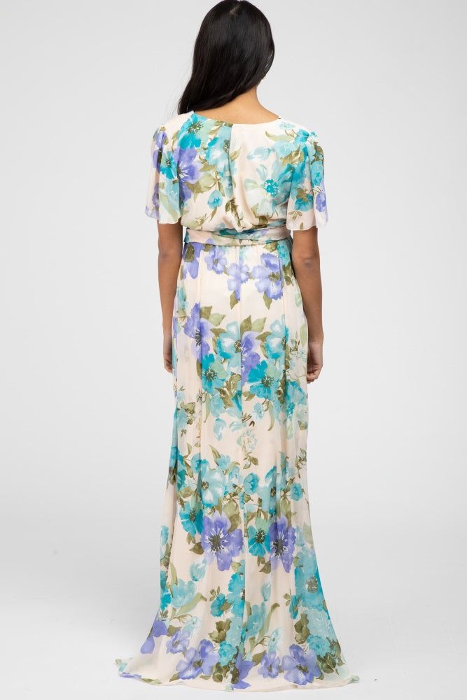 Blue Floral Chiffon Short Sleeve Side Slit Maternity Maxi Dress sold by Pinkblush product image thumbnail 3