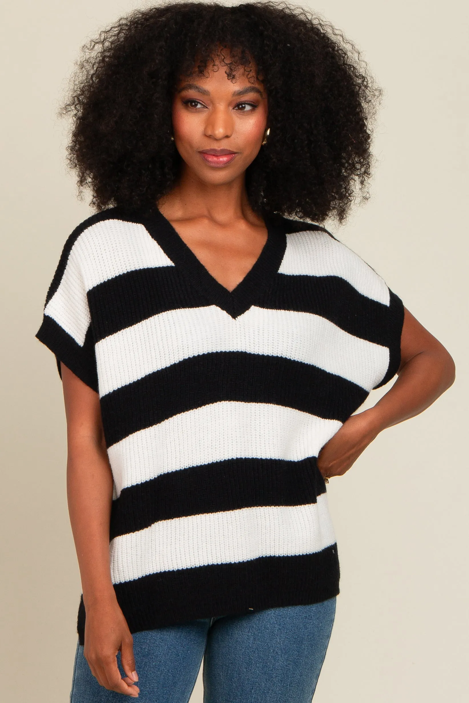 Black Striped V-Neck Sweater Top sold by Pinkblush