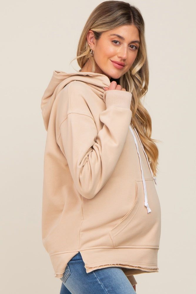 Taupe Raw Edge Trim Maternity Drawstring Hoodie sold by Pinkblush product image thumbnail 2