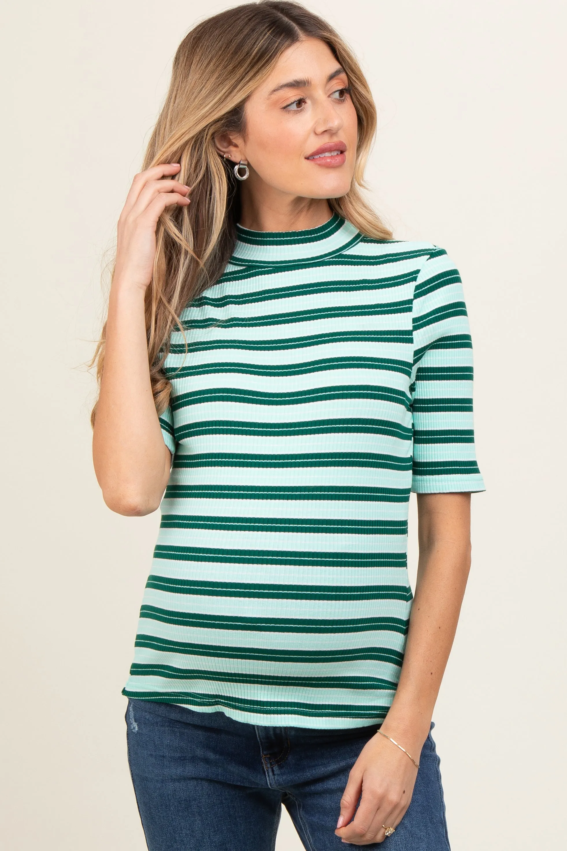 Mint Striped Ribbed Mock Neck Maternity Top sold by Pinkblush