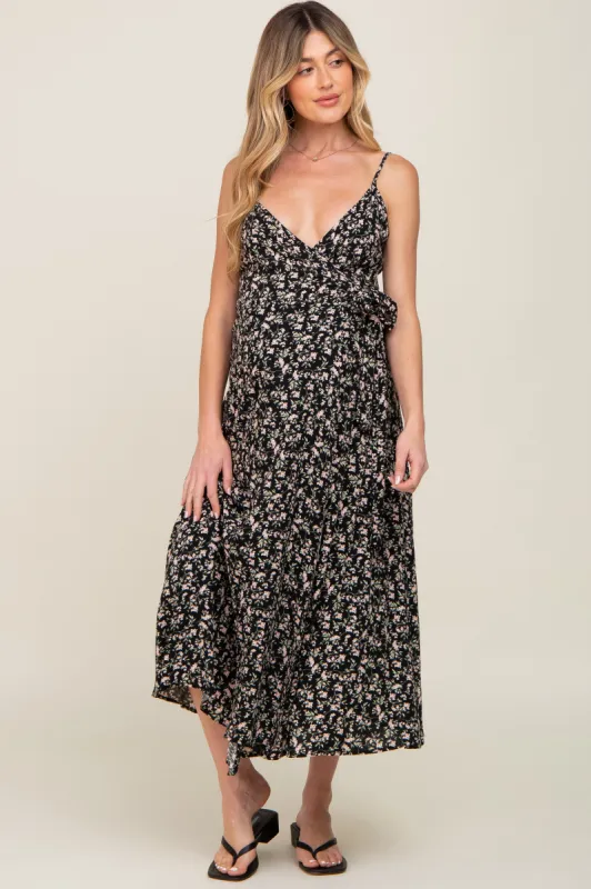 Black Floral Wrap Maternity Midi Dress sold by Pinkblush